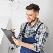 A smiling male electrical estimator with a beard, wearing a blue plaid shirt and blue overalls, holding a clipboard and pen while inspecting a white domestic appliance in a residential home setting.